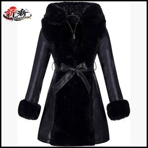 Faux Leather Jacket with Faux Fur Lining Hooded Belted Winter Coat